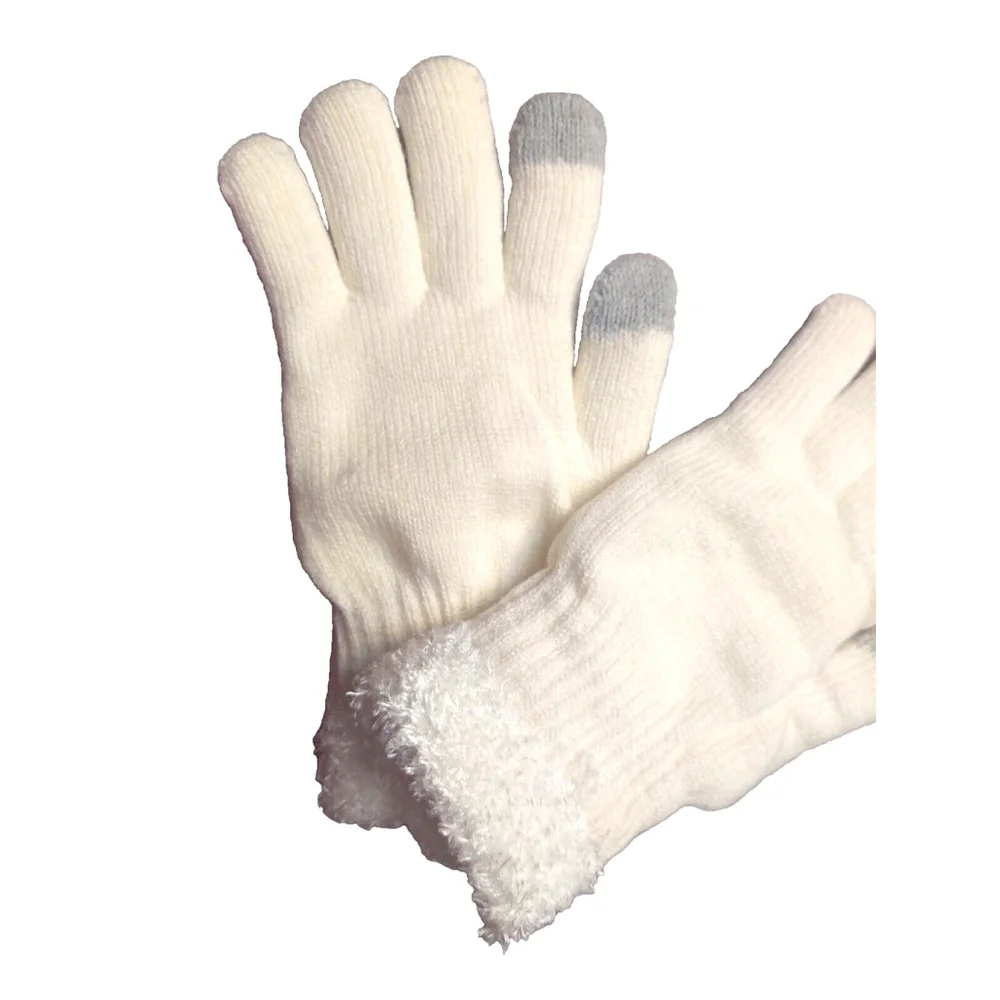 On 34th Ivory Rib Stitch Fuzzy Cuff Cream & Gray Knit Gloves Sz One Size NWT